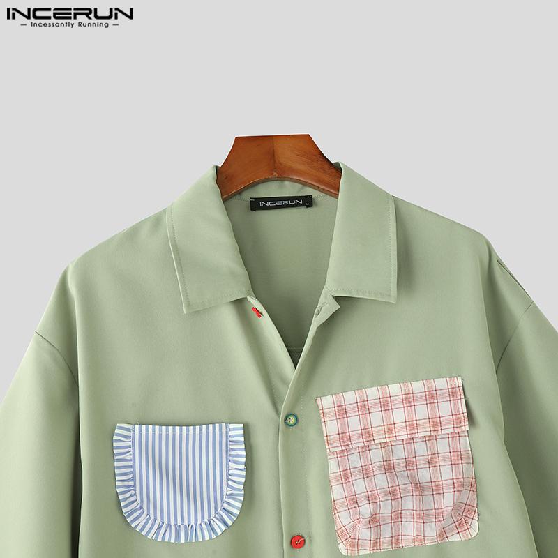 INCERUN Oversized Summer Men Lapel Neck Plaid Print Patchwork Buttons Casual Shirts