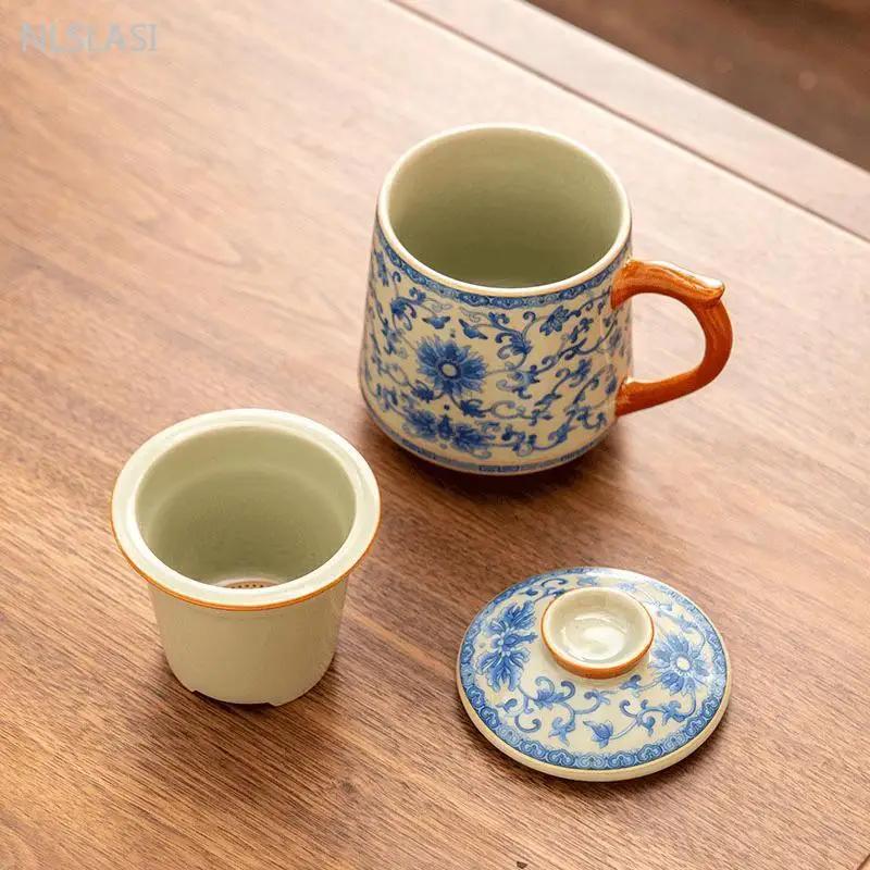 430ml Blue and White Ge Kiln Entwined Lotus Office Cup Ceramic with Lid Tea Water Separation Cup Household Chinese Tea Cup