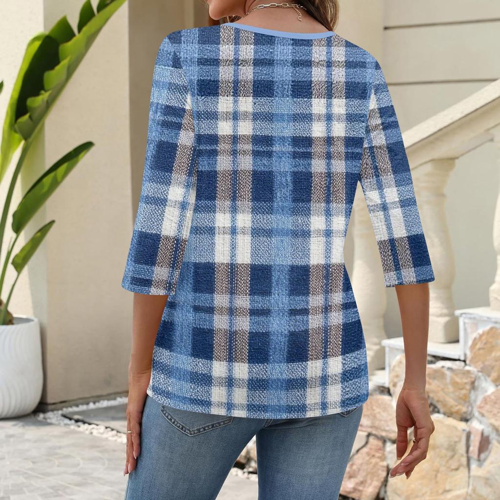 Modisches, lässiges Pullover-Oberteil mit Dreiviertelärmeln und bedrucktem Kragen für Damen