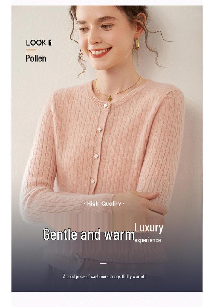 2024 Autumn/Winter Women's Round Neck Cashmere Cable Knit Cardigan - Korean Style Loose Slimming Coat