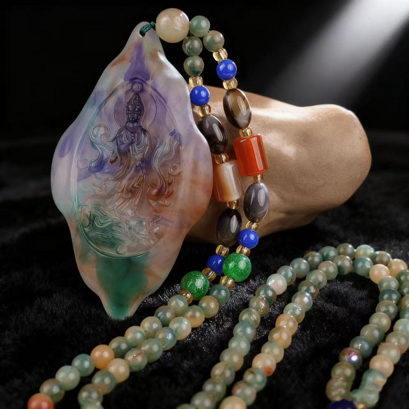 Versatile Rainbow Spotted Stone Carved Necklace Pendant Fortune Dragon Plaque Sweater Chain Fashion Jewelry Mother'S Day Gift