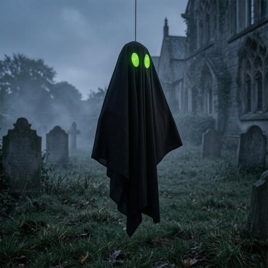 Spooky Yard Decor Halloween Hanging Ghost Outdoor Decoration, Black Fabric with Green Hallway Eyes for Outside Tree, Porch, Yard, Lawn, Haunted House