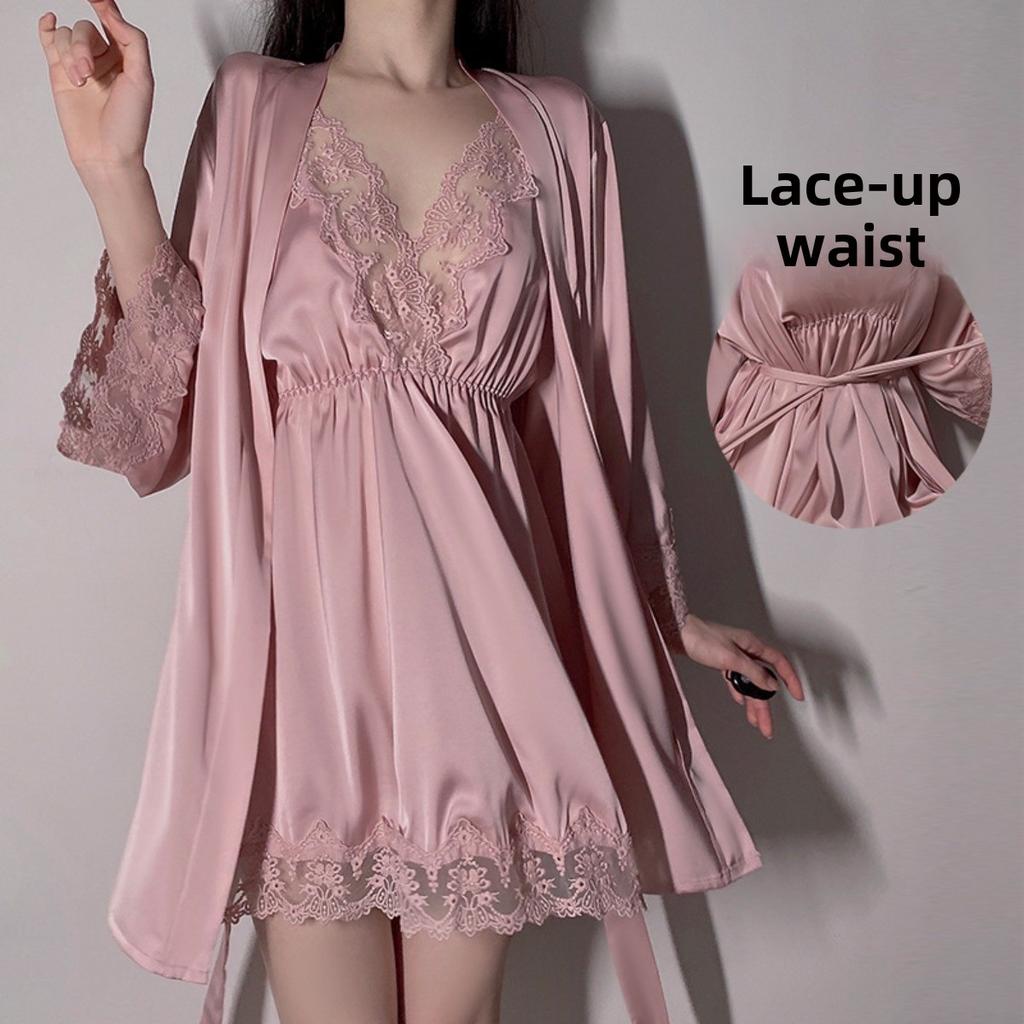Sexy Camicia da Notte con Scollo a V Profondo e Maniche Lunghe, Allacciatura, Raso, Pizzo, Set Pigiama/Loungewear con Gonnellino Sospensorio in Pizzo