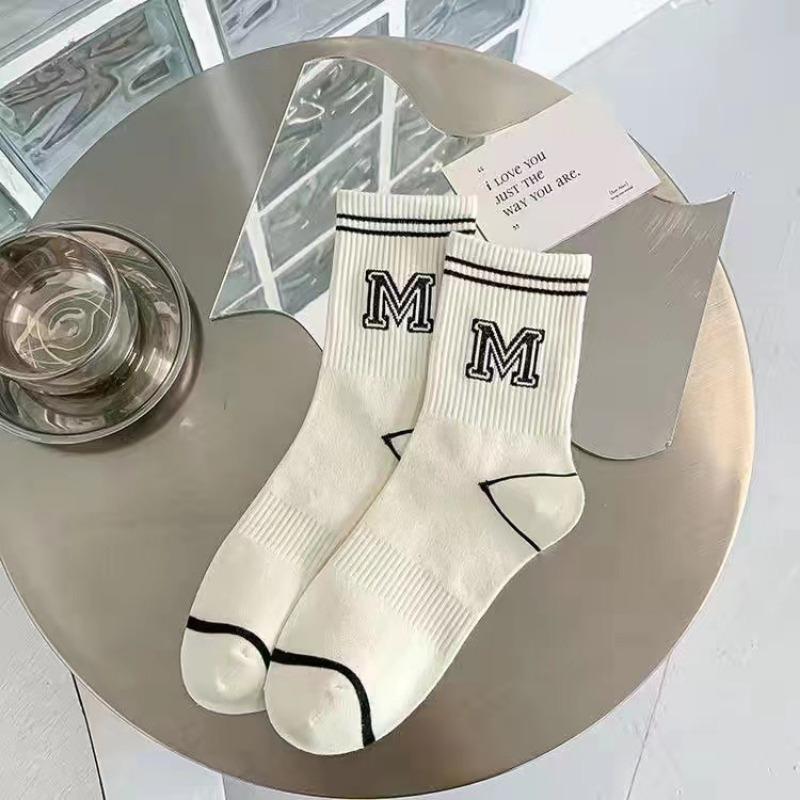 Women's Mid-calf Socks, Spring and Autumn Thin Striped M Letter, Trendy and Versatile, School Style Black and White Sporty Long Calf