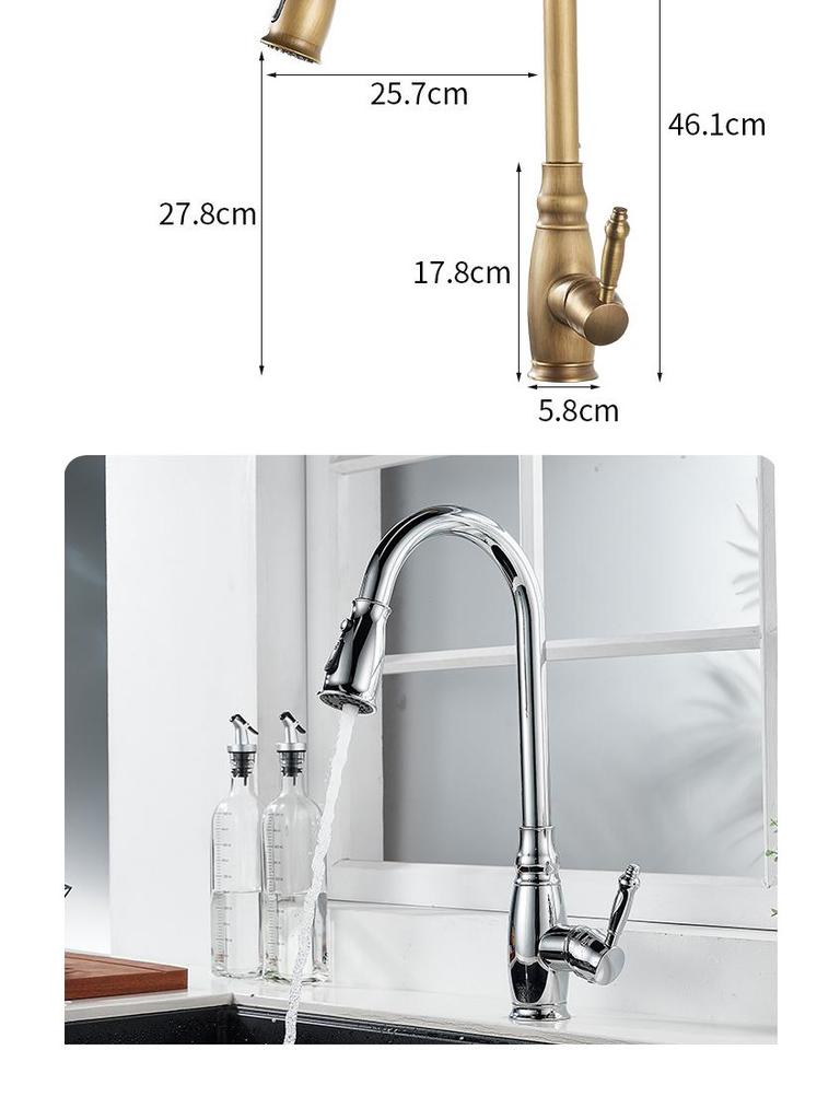 Elegant European-Style Brass Kitchen Faucet with Pull-Out Sprayer for Hot and Cold Water