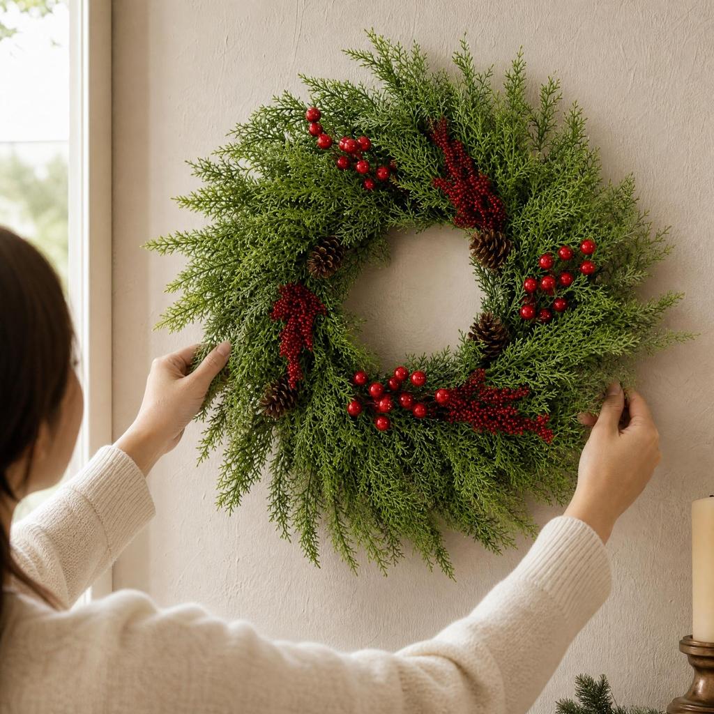 Entry Door Christmas Wreath with Red Berries Indoor Outdoor Holiday Decor Full