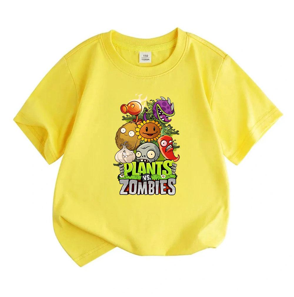 Kids Boys Girls 100% Cotton Crew Neck Short Sleeve T-Shirt, Funny Plants Zombies Cartoon Print Casual Soft Tee for Children Daily Outdoor Wear