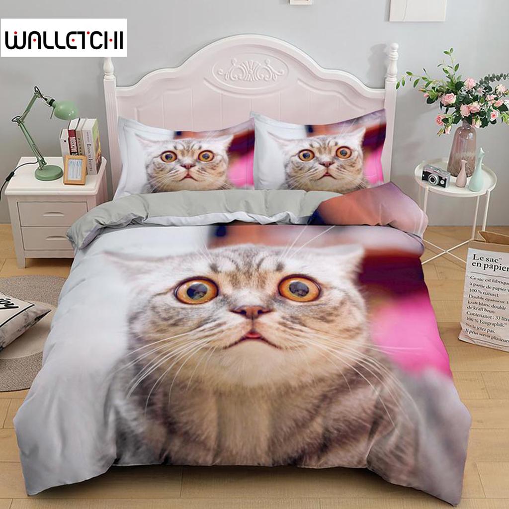 Katzen Bettwäscheset King Size Niedliche Haustierkatzen Gedrucktes Bettwäscheset für Kinder Jungen Mädchen 3D Tier-Thema Mikrofaser Bettdeckenbezug