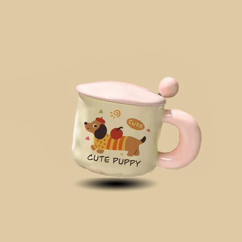 Cute Cartoon Puppy Ceramic Cup High Looking Mug Cup with Lid Spoon Water Cup Birthday Gift for Girls and Children