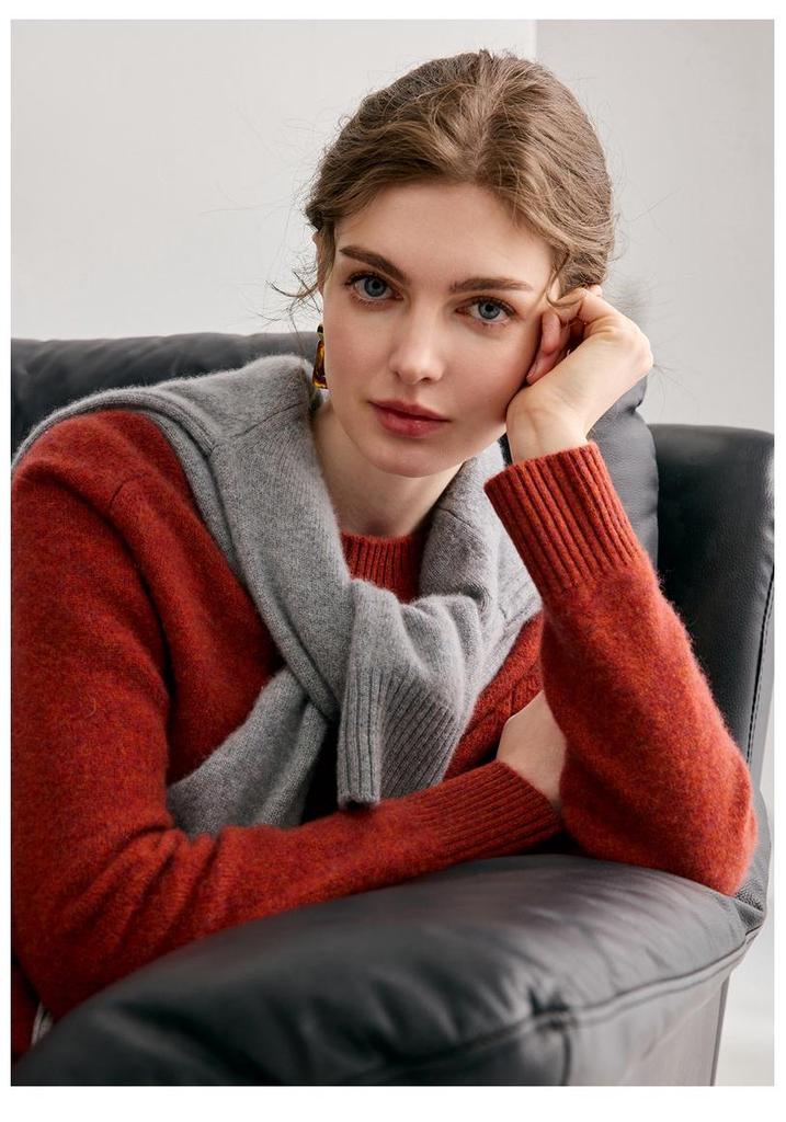 Women's 100% Pure Cashmere Heather Yarn Sweater, Round Neck, Loose Fit, Soft, Light Luxury, Knitted Base Layer for Autumn/Winter.