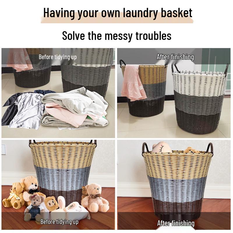 Blue Rattan Woven Laundry Hamper: Multipurpose Basket for Clothes, Toys, and Home Storage