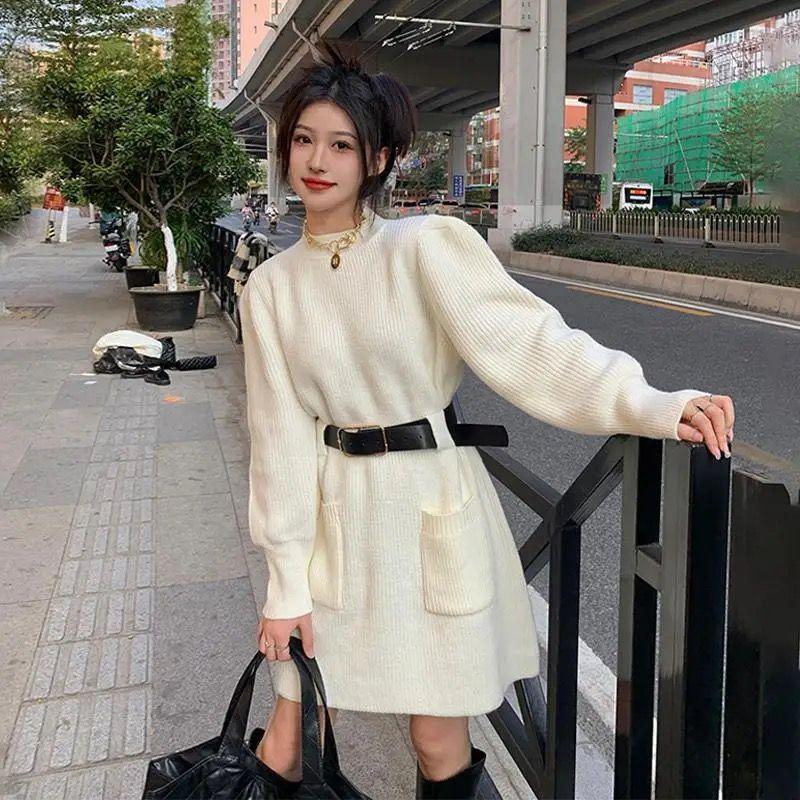 Plus Size Women's Korean-Style Fashion Knitted Dress: Autumn/Winter Waist-Slimming, Figure-Flattering Trend.