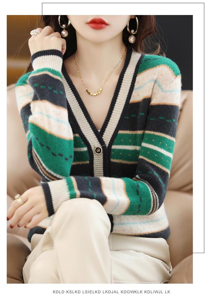 Autumn 2023 Women's V-Neck Color Block Striped Knit Cardigan - Versatile Fashion for Casual Wear