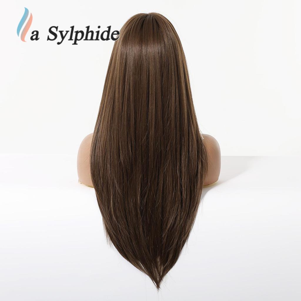 Women's Long Layered Curly Wig with Straight Bangs, Brown Highlights, Full Head Cover, Machine-Made with Chemical Fiber Rose Net, 2026 Hot Style.