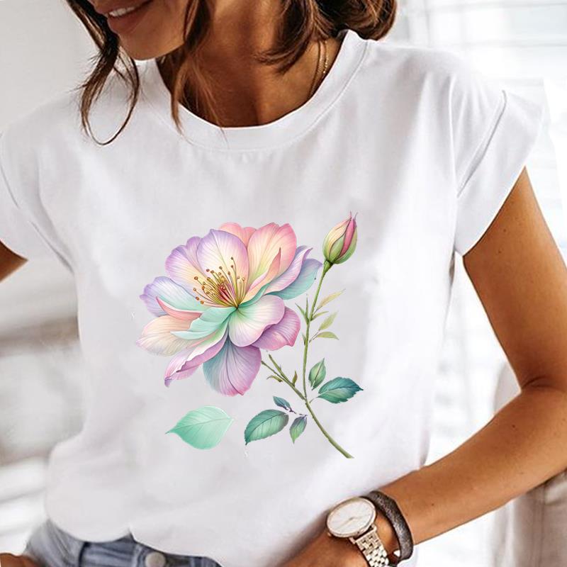 (Asian Size)  Tee Top Short Sleeve T Shirt Flower Sweet 90s Cute Women Clothing Casual Fashion Print Lady Female Graphic T-shirts