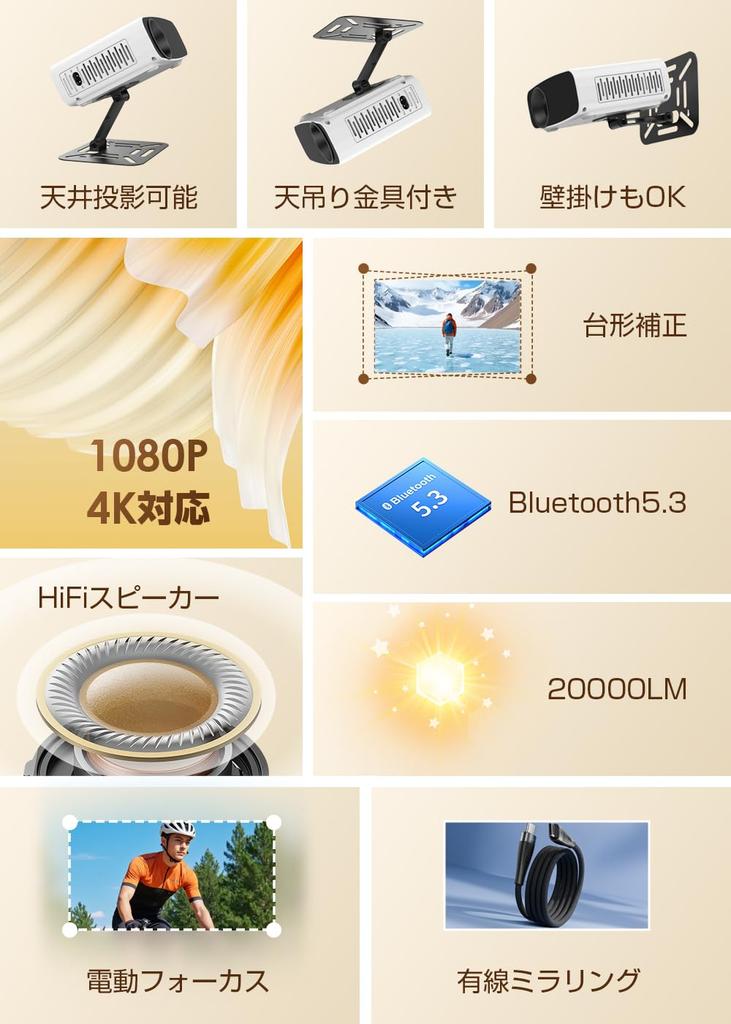 VOSCORDER Compact Projector with Ceiling Ceiling and Wall Mount Wired 1080P 4K Bluetooth HiFi Large Compatible with DVD and Japanese Instruction