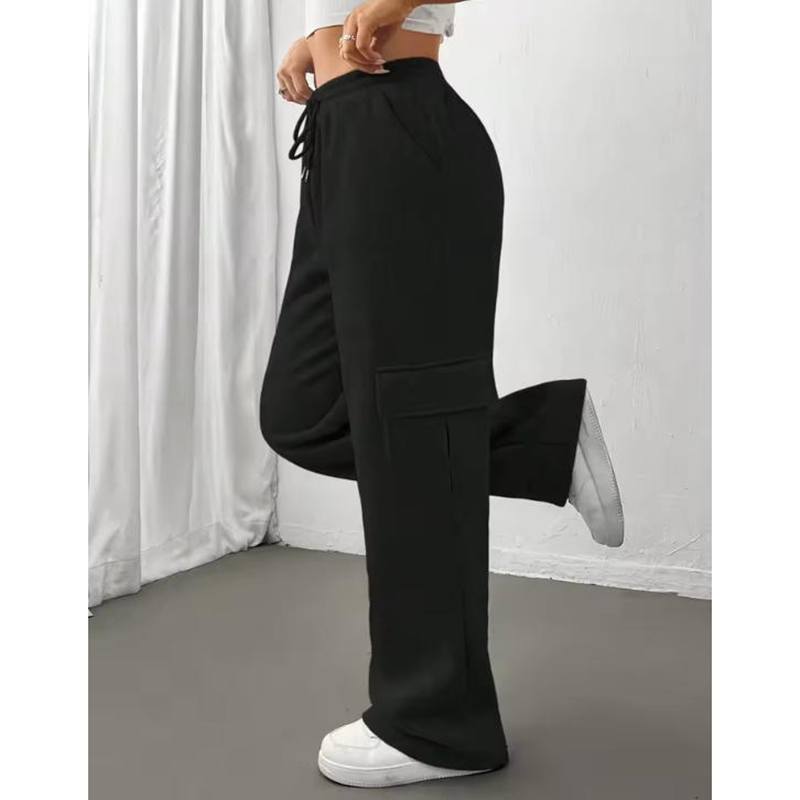 Damen Thermo-Hose Unifarben, Lässige Bequeme Hose mit Seitentaschen und Kordelzug für den Winter, Damen Hosen für Sport und Alltag