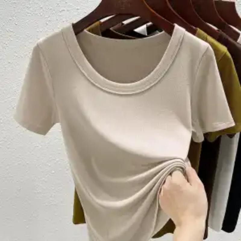 Womens Solid Color U-Neck Short Sleeve Fitted T-Shirt