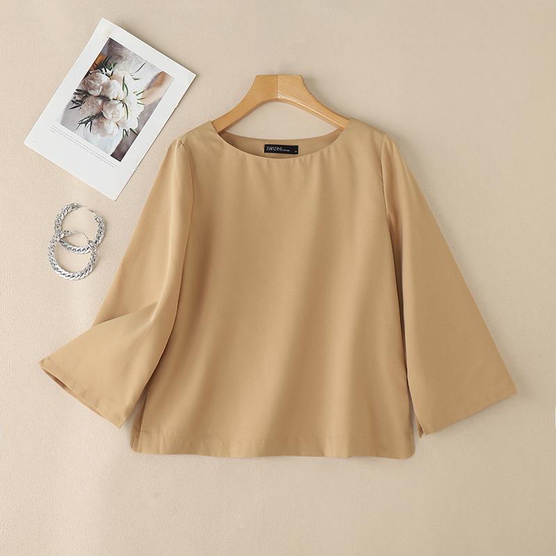 

ZANZEA Женская повседневная блузка с круглым вырезом и рукавами 3/4 однотонная свободного кроя S светло-коричневого