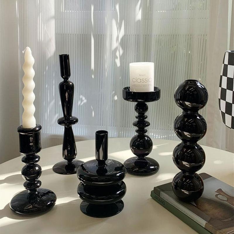 Customized Design Black Color Glass Taper Candle Holder for Wedding Home Party Table Centerpiece Black Popular Glass Candlestick