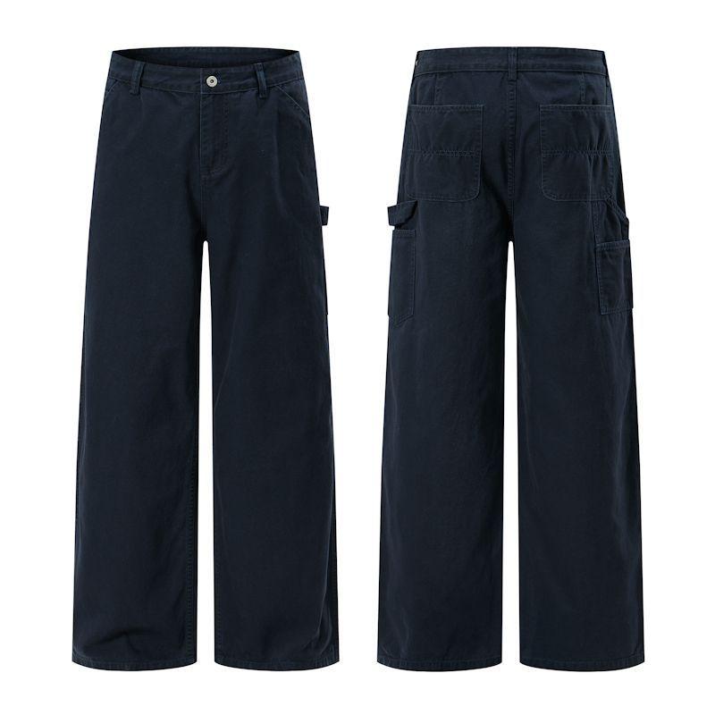 American Retro Trendy Brand Washed Logging Overalls Men's Trend Solid Color Loose Wide-leg Straight Casual Long Pants