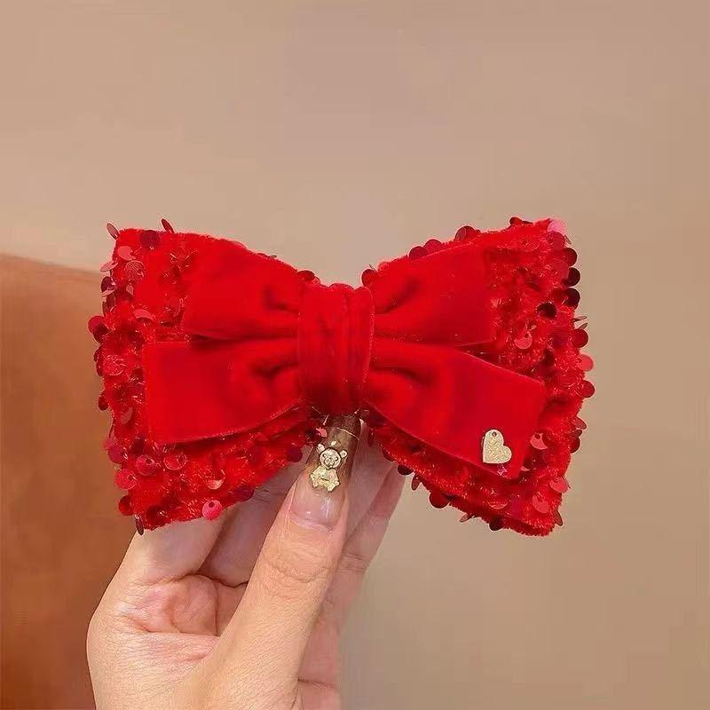 Girls' Bun Hairstyle Red Bow Hair Clip – Princess Headwear Accessory for Women & Children