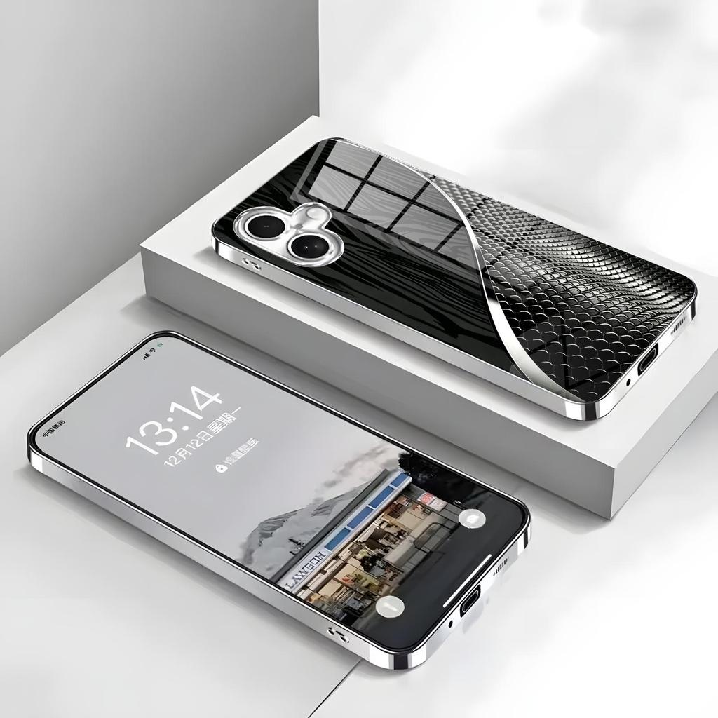 Simple silver textured pattern Phone Case For iPhone17 16 16e 15 14 13 12Plus Mini Pro Max Electroplated glass Phone Case