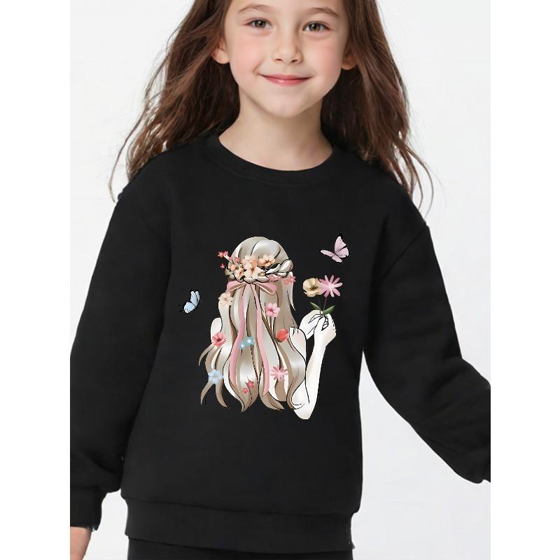 Kids Stylish Crewneck Printed Sweatshirt, Casual Athletic Long Sleeve Top for Daily Wear 110 чёрный