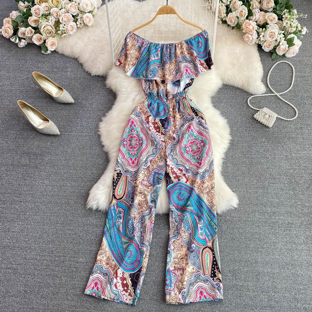 

RUGOD Комбинезон на одно плечо для отдыха на море в этническом стиле с высокой талией, тонкий комбинезон прямого кроя с широкими штанинами и принтом