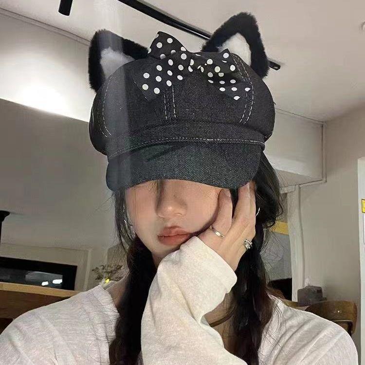 Y2K Millennium Katzenohren Schiebermütze - Coole Metallketten Baskenmütze für Damen