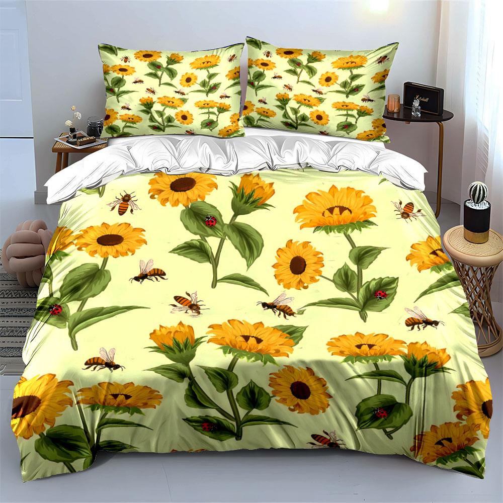 Sunflowers, leaves, bees, ladybugs. Bedding sets Duvet cover sets Duvet covers Pillowcases(1*Duvet Cover 2*Pillowcases without duvet insert)