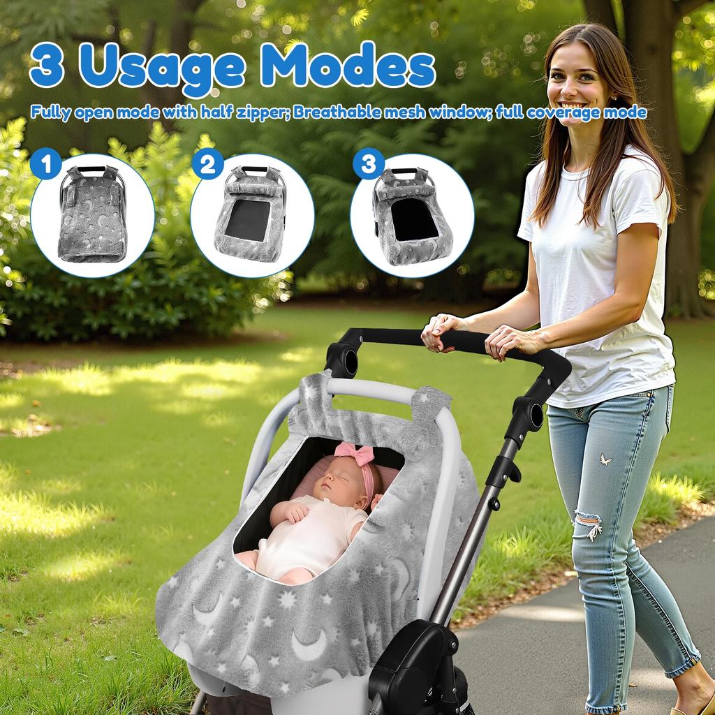 Universal Baby Car Seat Cover Soft Flannel Baby Basket Cover with Breathable Mesh Window Baby Stroller Cover for Newborn Infant