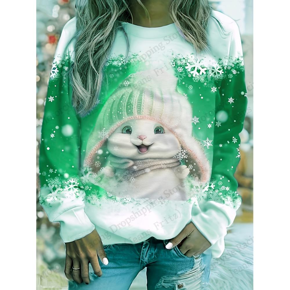 Dámské vánoční mikiny Vánoční strom Sněhulák 3D potisk Mikina Dámská móda Oversized Mikina s kulatým výstřihem