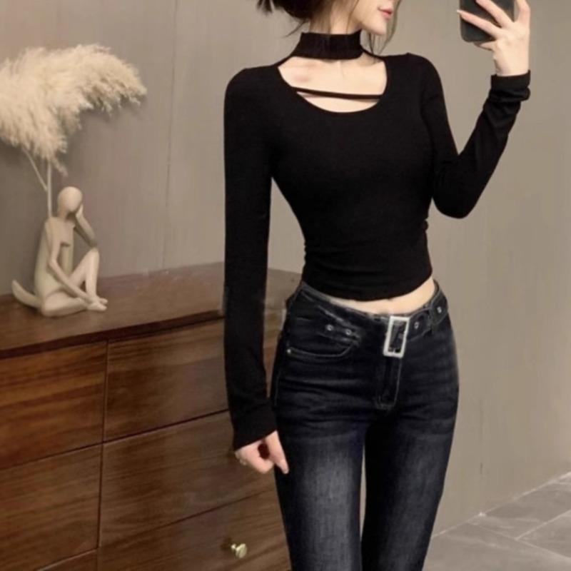 

Autumn Winter Hollow Sexy Slim German Velvet Halter Top Long-sleeved T-shirt Women s Bottoming Shirt L сірий колір
