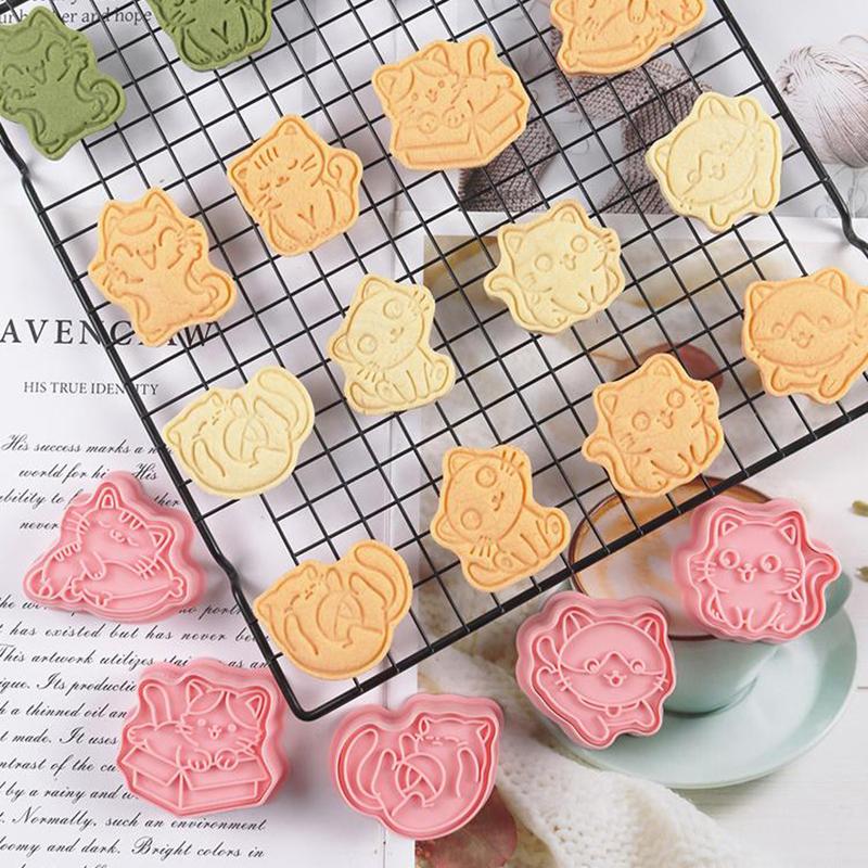 8Pcs Cat Cookie Mold Set Cartoon Cat Claw Fish Bone Shape Cookie Stamp Fondant Cake Decoration Tools 3D Hand Pressure Plastic