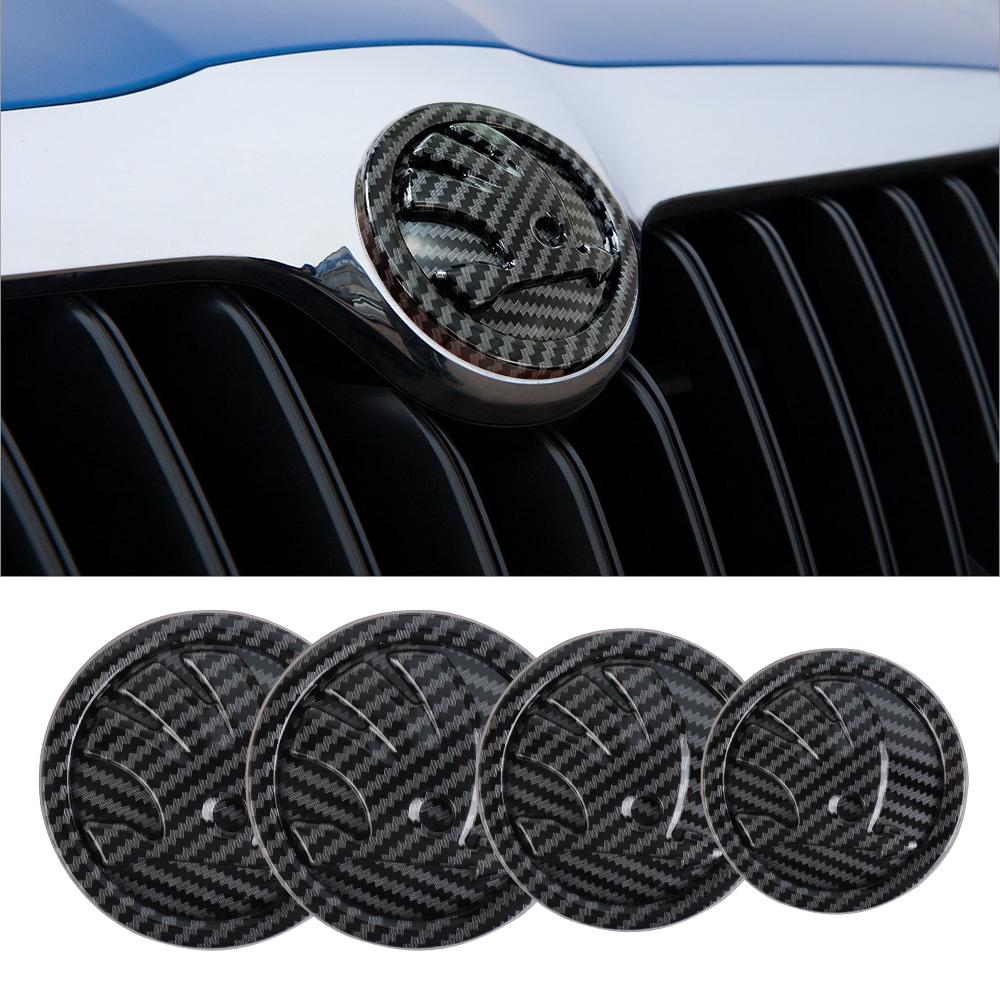 80/90/100mm ABS Car Logo Emblem Front Hood Bonnet Rear Trunk Badge Cover Decoration Sticker Carbon Fiber Texture For Skoda kybf34