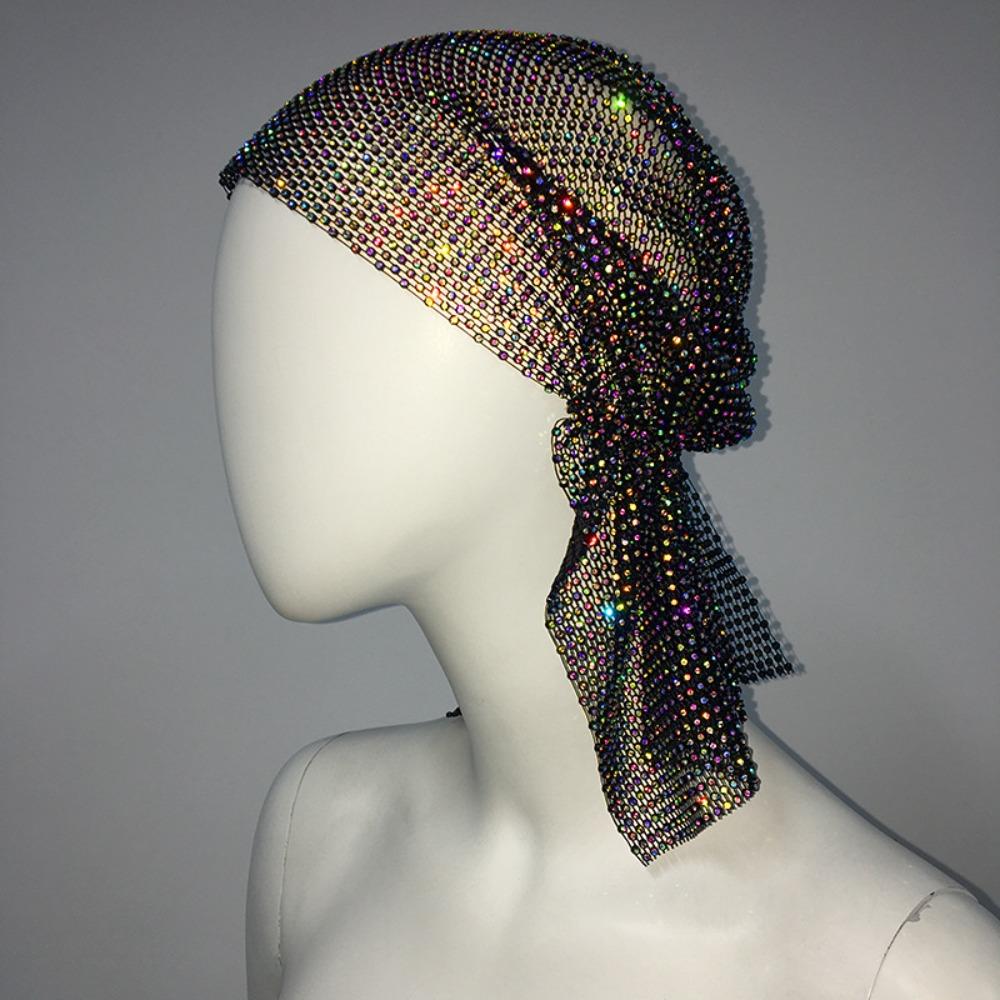 Crystal Rhinestone Bandana Turban Fishnet Headscarf Elegant Aurora Borealis Hair Band  Unisex