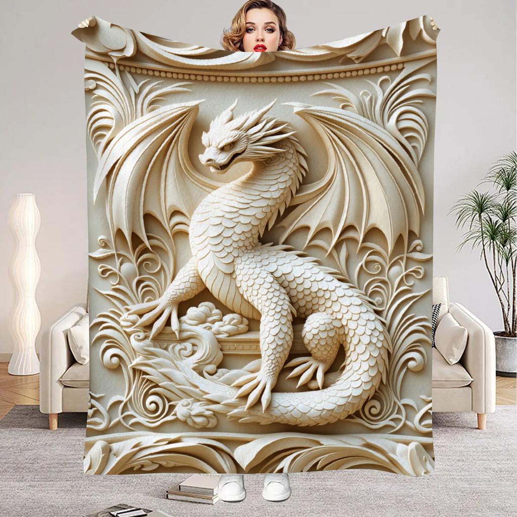 1Pc Digital Printed Relief Dragon or Wolf Flannel Blanket Mattress Cover Blanket for Family BedsSofasOfficesOutdoor Camping