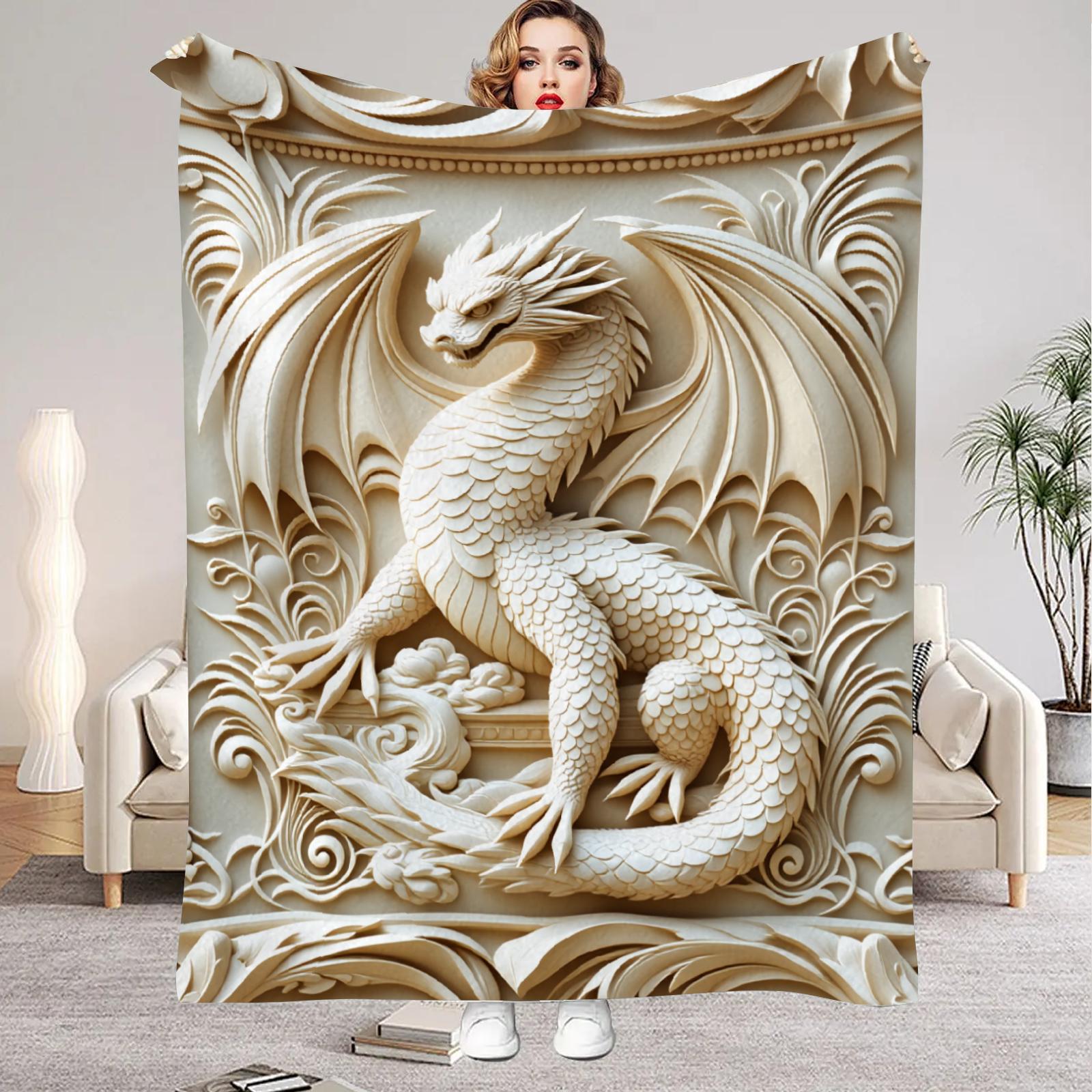 

1Pc Digital Printed Relief Dragon or Wolf Flannel Blanket Mattress Cover Blanket for Family BedsSofasOfficesOutdoor Camping 75x100cm (30x40inch)