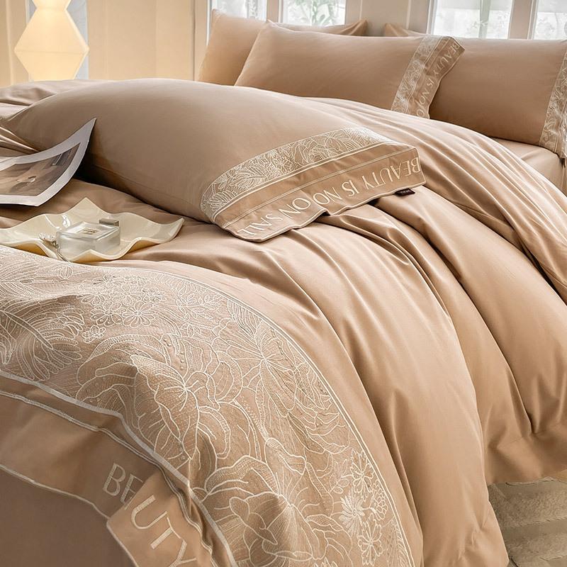 Cotton Thickened And Ground 4Pcs Set, Pure Cotton Warm Mattress, Solid Color Long-Staple Cotton Solid Color Embroidery