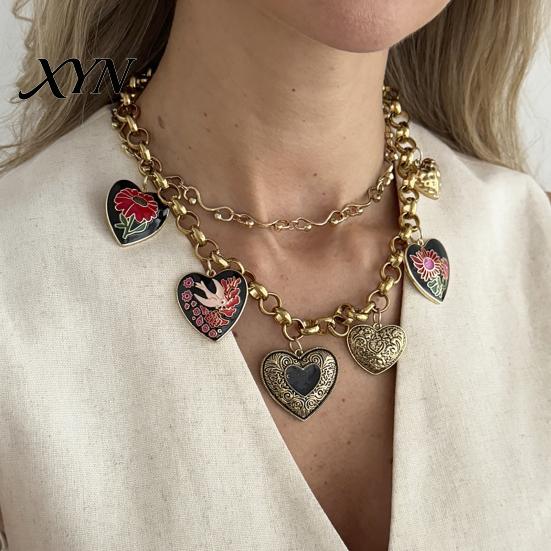 French Style Necklace Floral Heart Charms Necklace, Double Layer Vintage Chain Choker Oval Faux Old Metal Texture Pendant Diamond Ring, Enamel