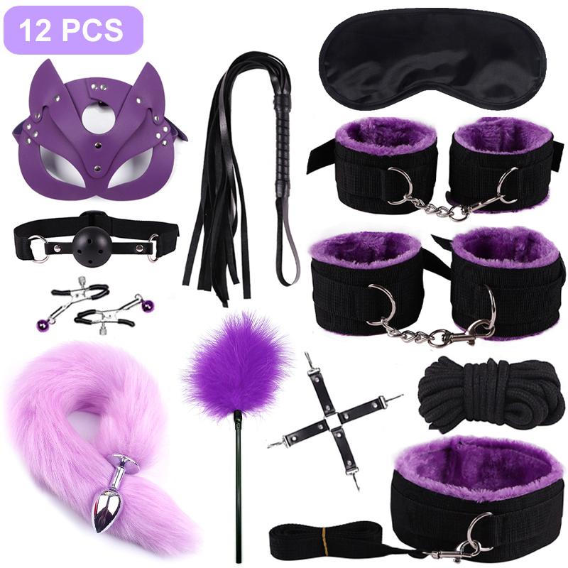 Sexy Nylon BDSM Kits Plush Sex Bondage Set Handcuffs Sex Games Whip Gag Nipple Clamps Sex Toys For Couples Exotic