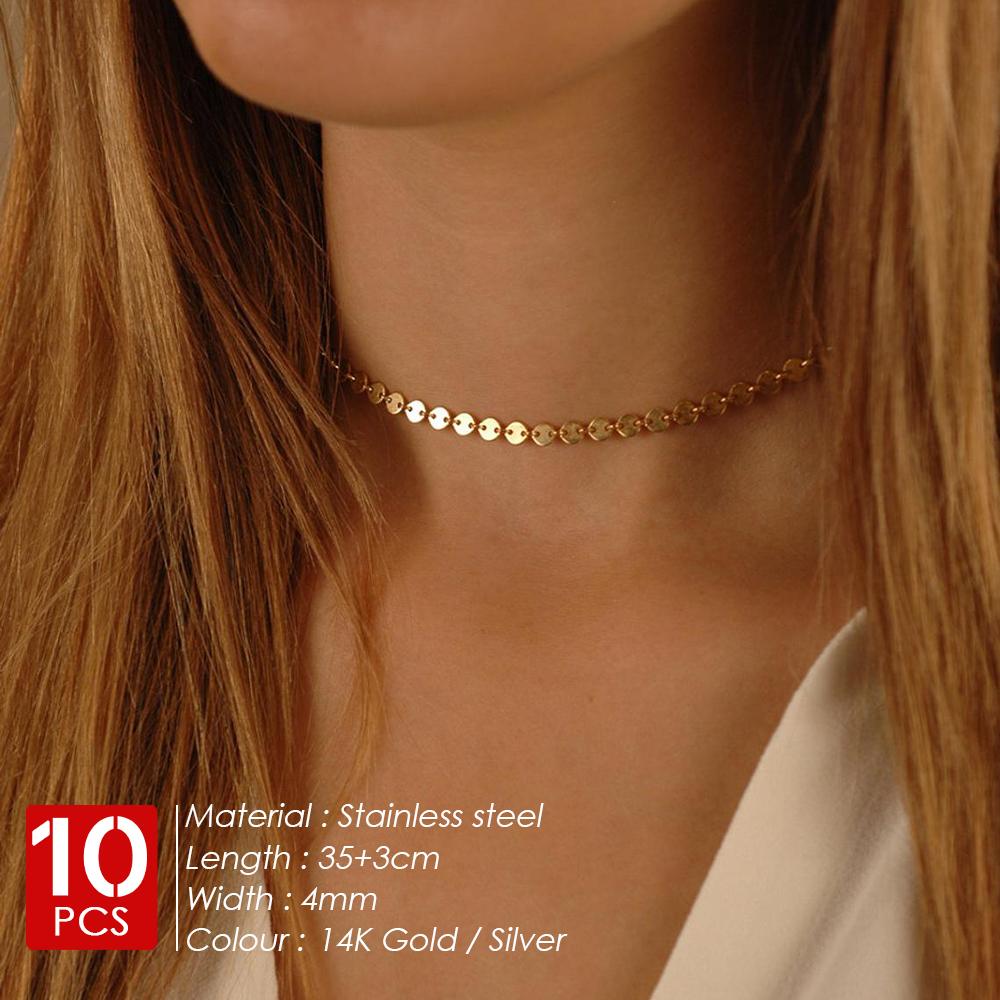 eManco Stainless Steel Round Piece Chain Necklace Simple Gold-Plated Women's Jewelry 10pcs