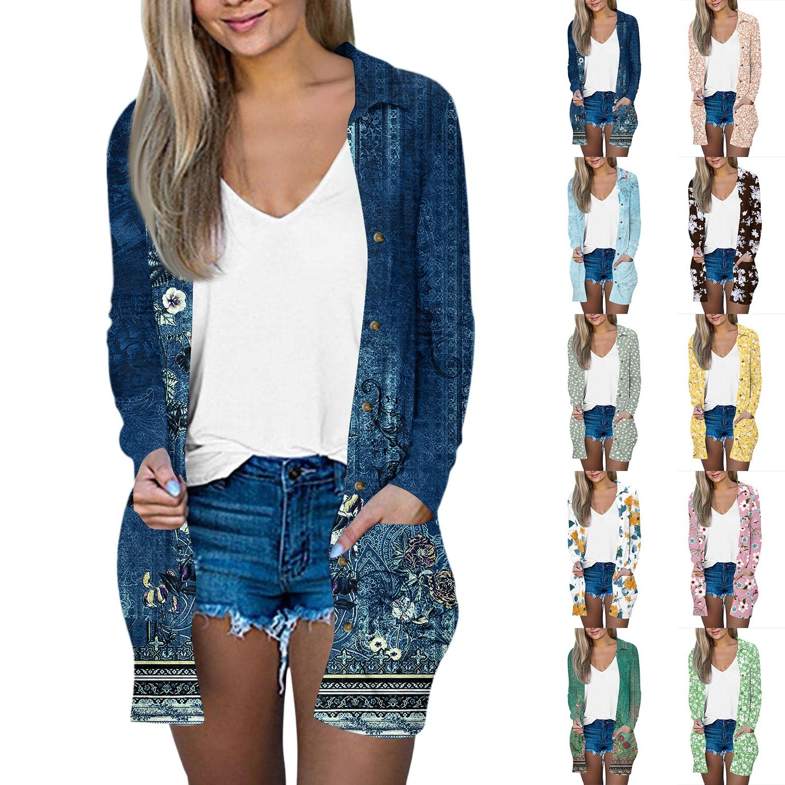 

Women s Casual Fashion Printed Long-sleeved Mid-length Cardigan Jacket L