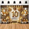 2D Schwarz Gold 10. Geburtstag Kulisse mit Kronenlichtern und Ballons Fotoautomaten Banner