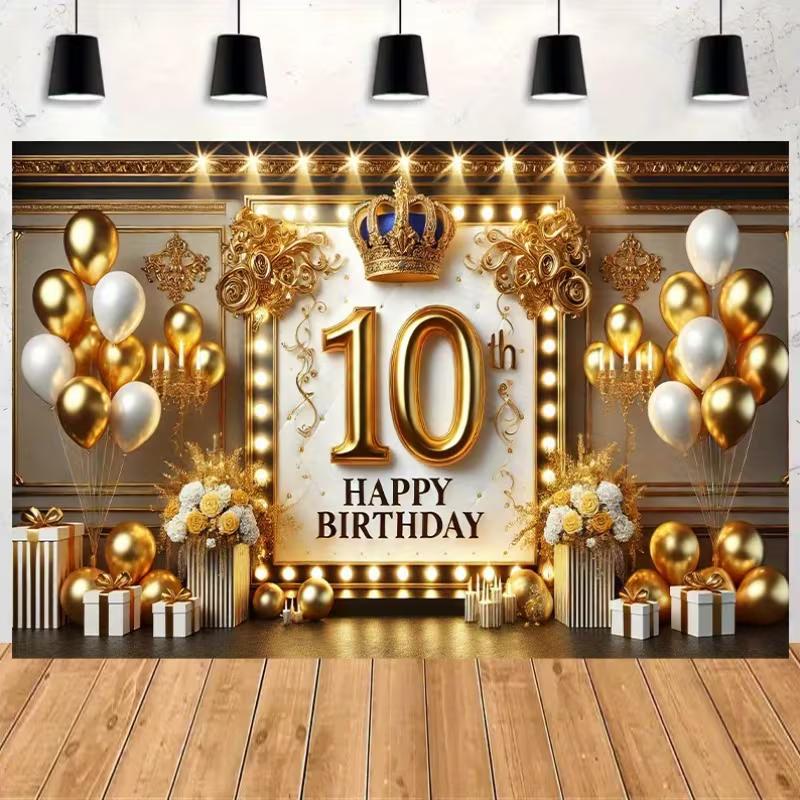 2D Schwarz Gold 10. Geburtstag Kulisse mit Kronenlichtern und Ballons Fotoautomaten Banner