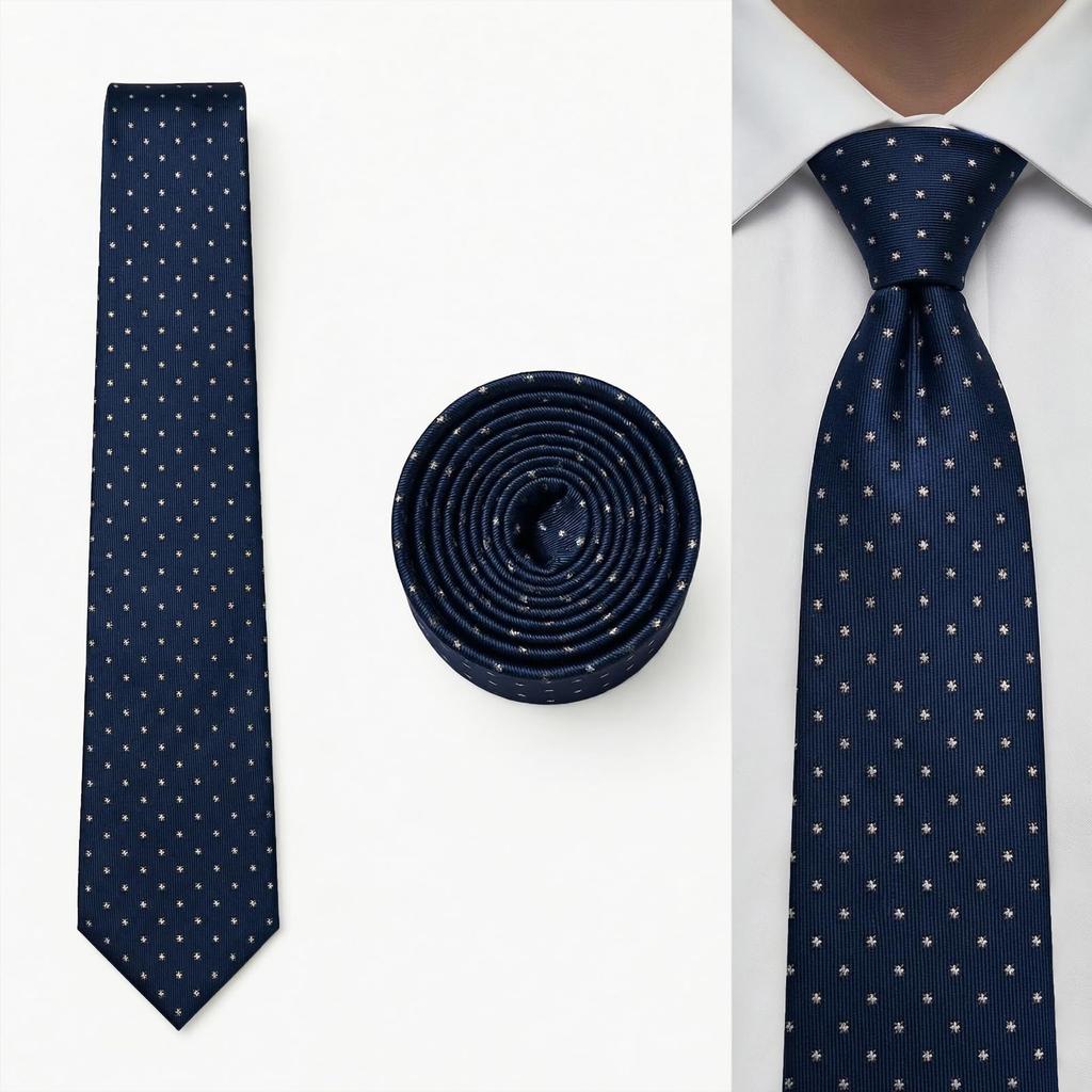 [S&W SHLAX&WING] Dot Tie & Pocket Square Set, Navy Blue with White Dots, Business Formal, Extra Long (160cm)