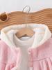 Baby girl's pink hooded plush coat for autumn and winter, thick and made of faux rabbit fur, a short plush cardigan for outdoor wear