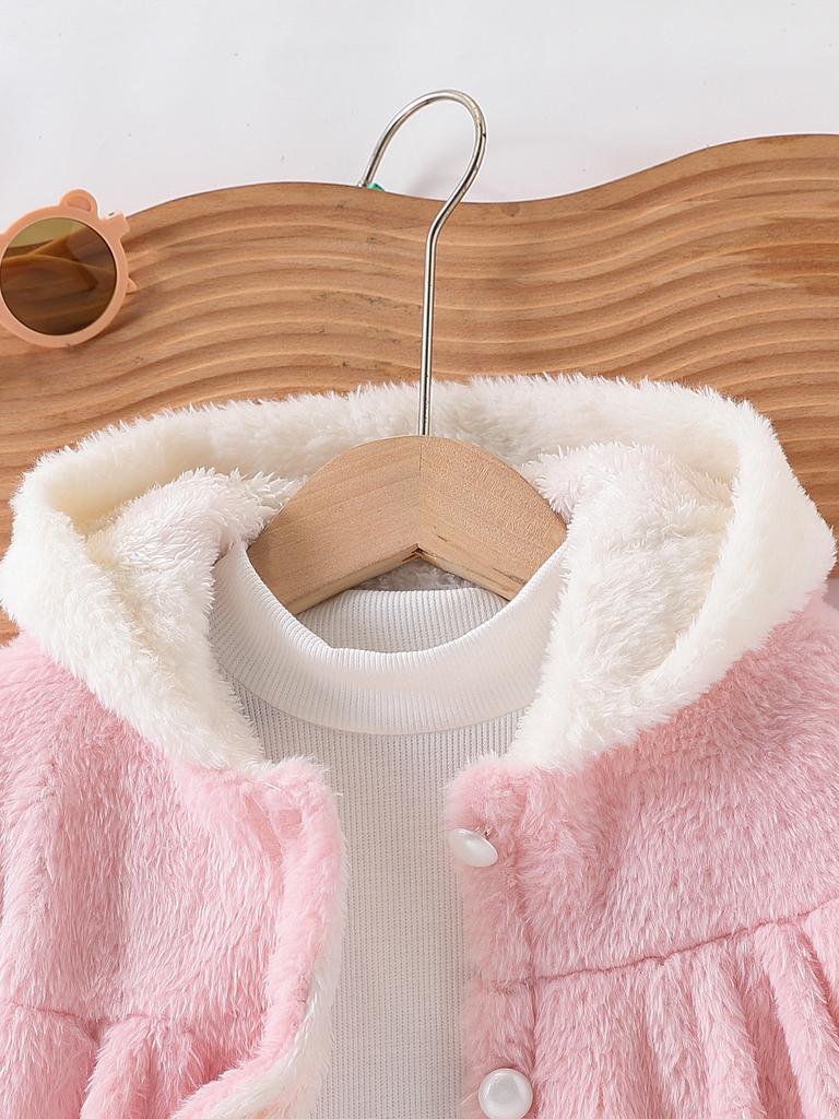 Baby girl's pink hooded plush coat for autumn and winter, thick and made of faux rabbit fur, a short plush cardigan for outdoor wear