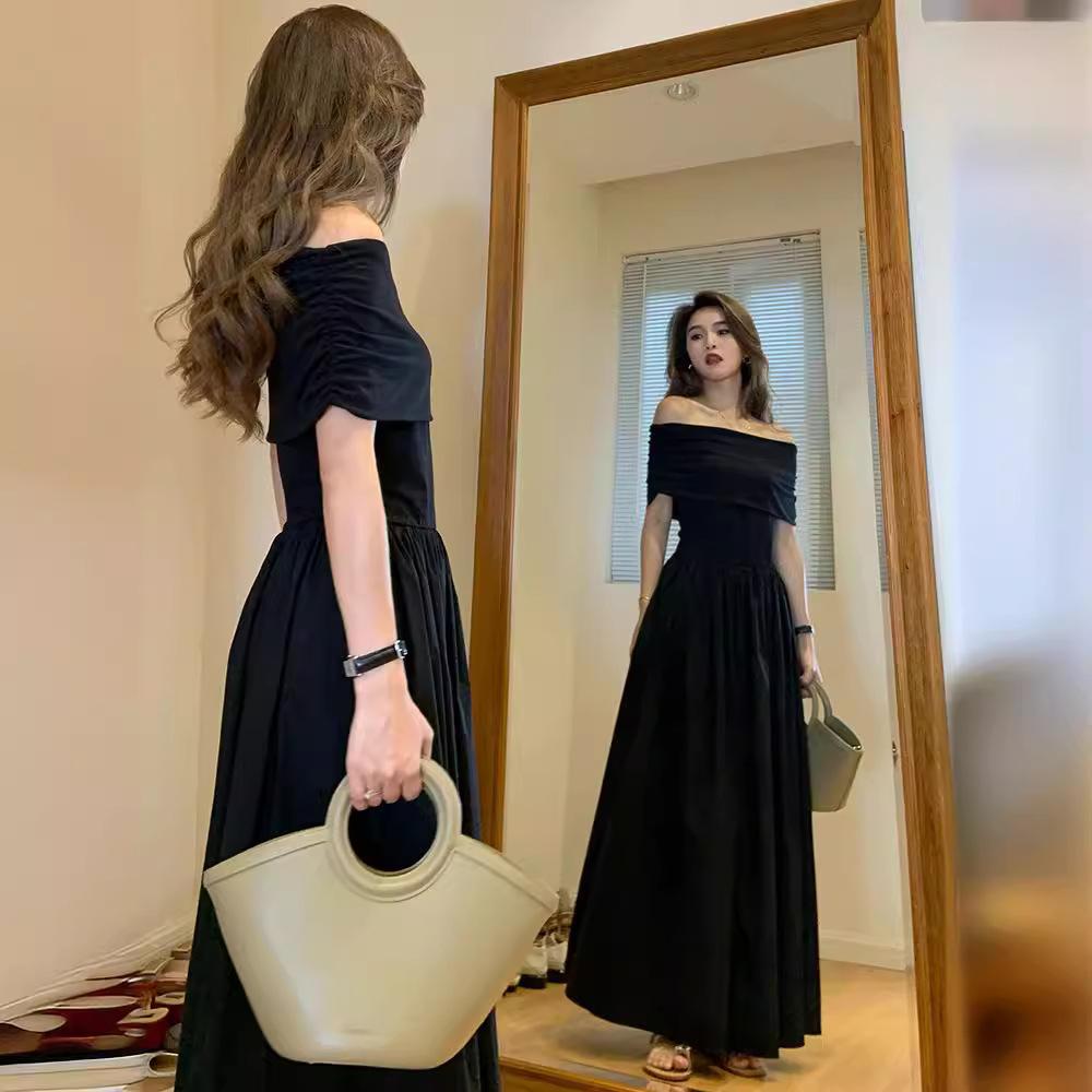 French Light and Sophisticated High-end Hepburn Style Temperament One-word Shoulder Black Dress Women's Summer Waist Gentle Long Skirt